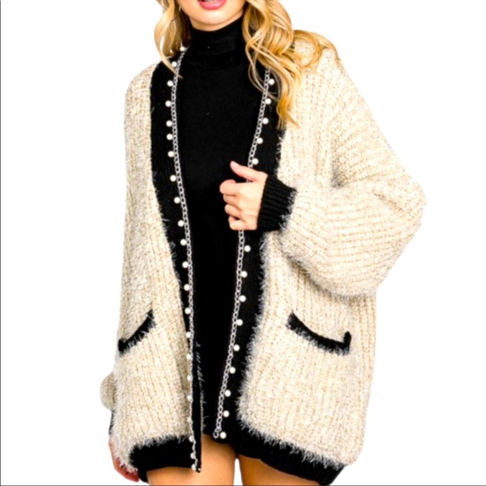Open Front Cardigan Faux Pearl Trim